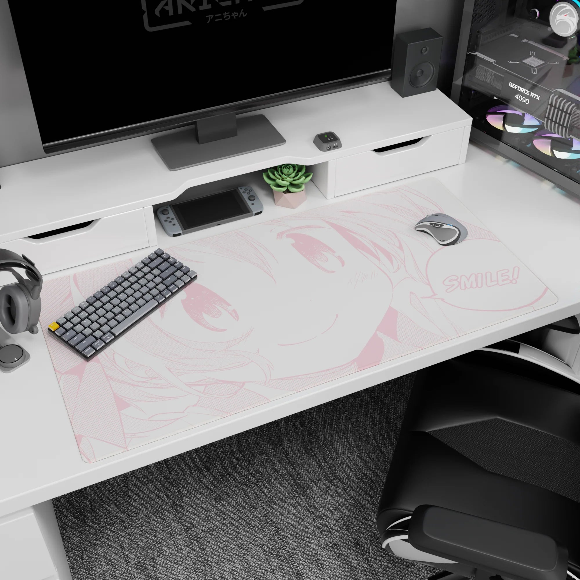 40x20 inches desk pad showing close-up anime girl face with wide eyes, rosy cheeks, and SMILE bubble.