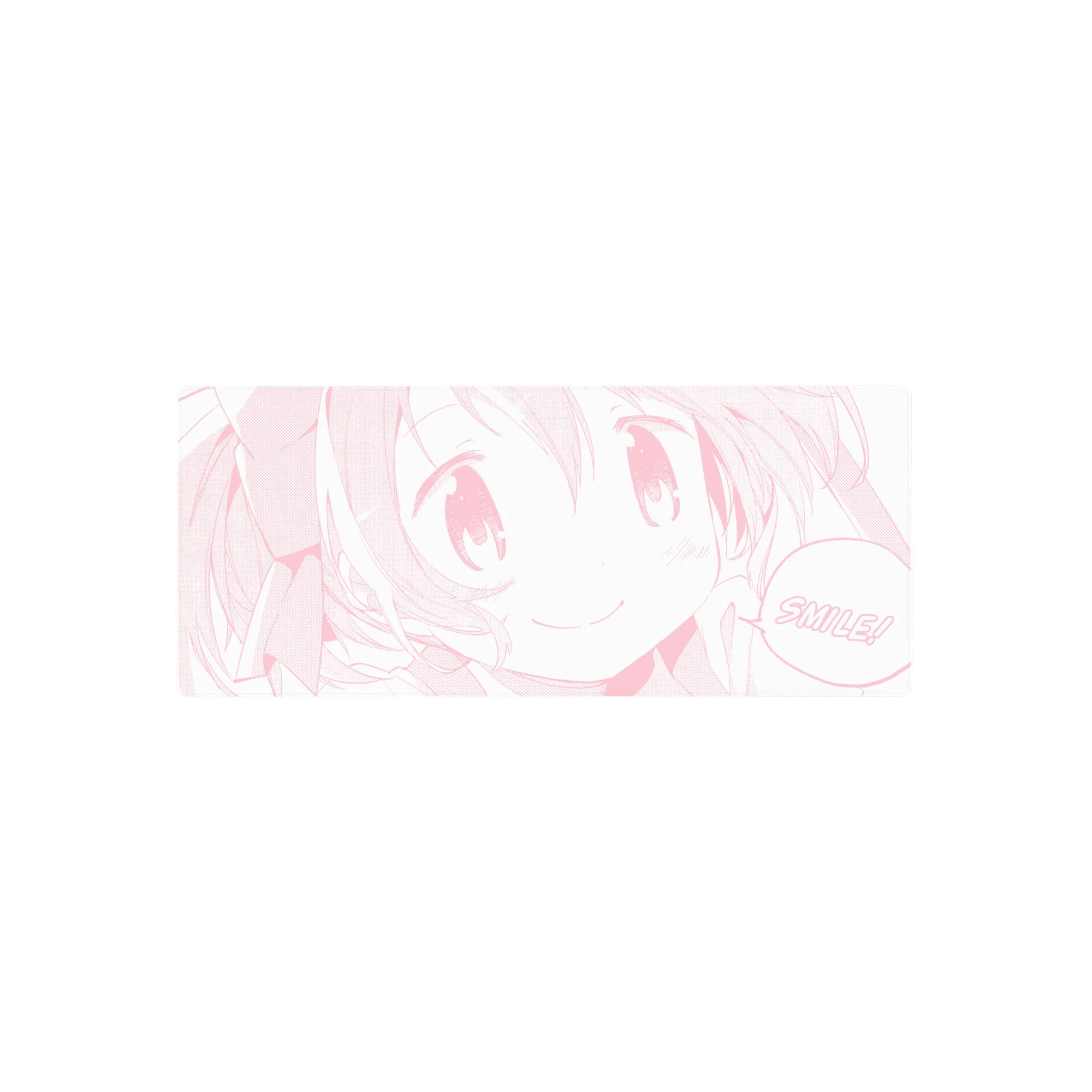 Kawaii pink line-art anime girl mouse pad with SMILE speech bubble, 28x12 inches.