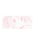 Kawaii pink line-art anime girl mouse pad with SMILE speech bubble, 28x12 inches.