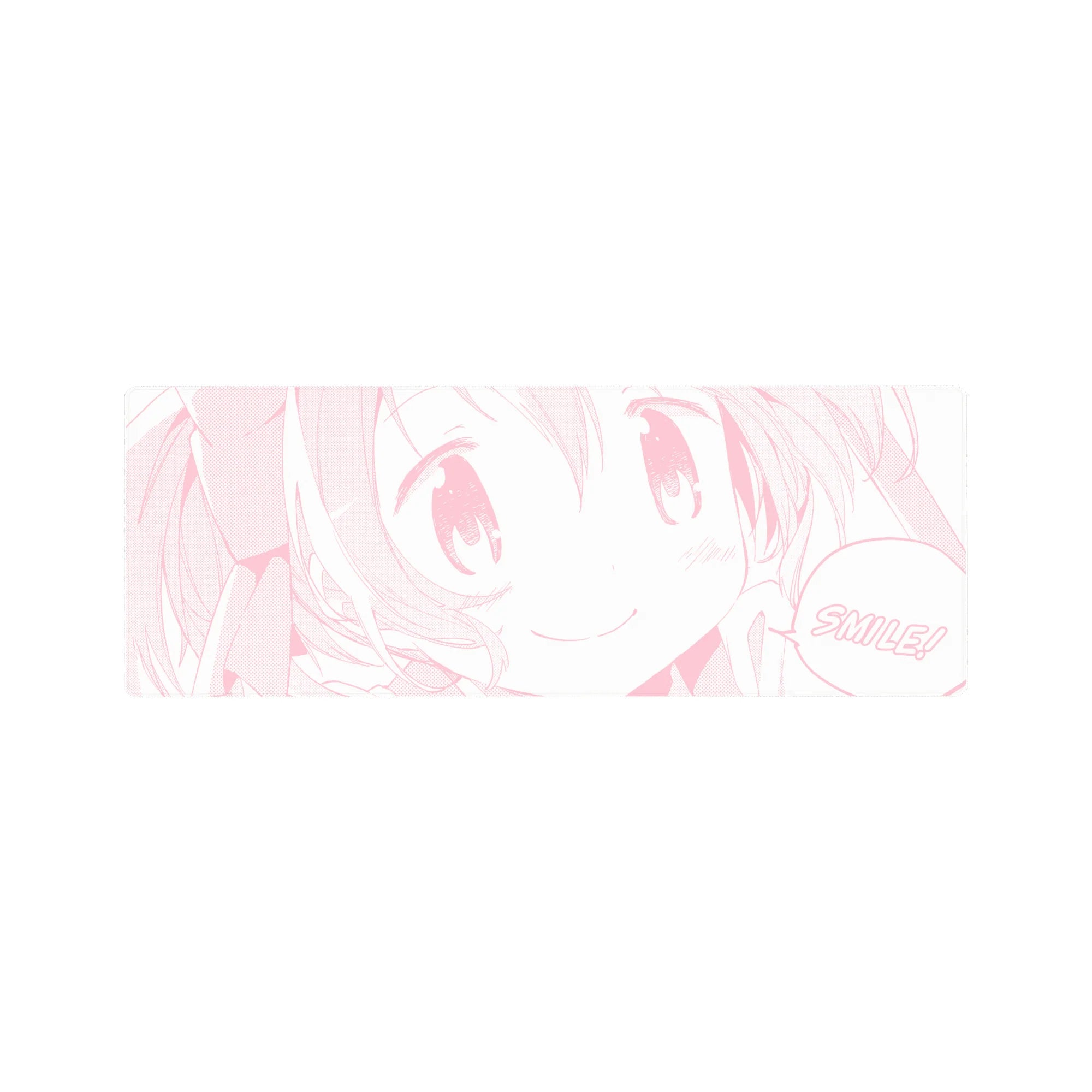 Kawaii pink line-art anime girl mouse pad with SMILE speech bubble, 32x12 inches.