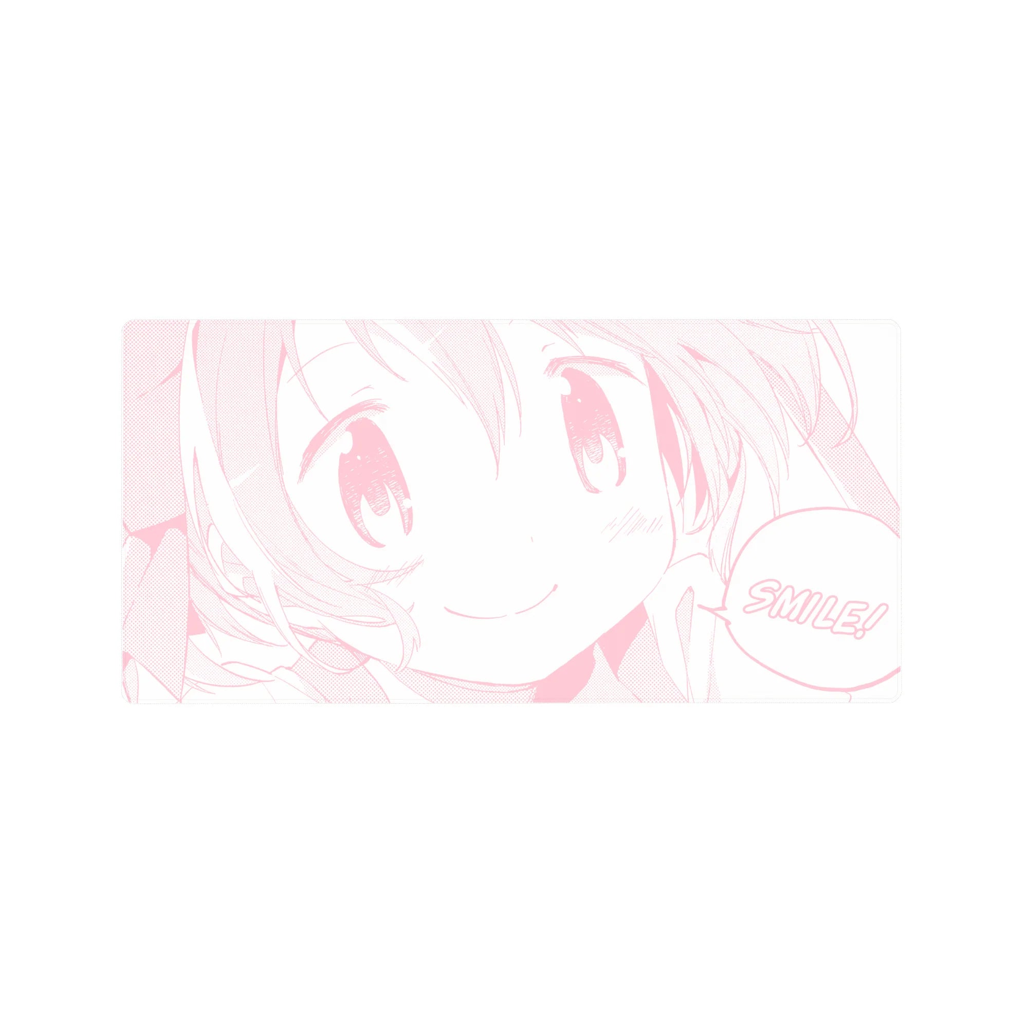 Kawaii anime girl line-art mouse pad with SMILE speech bubble, 32x16 inches.