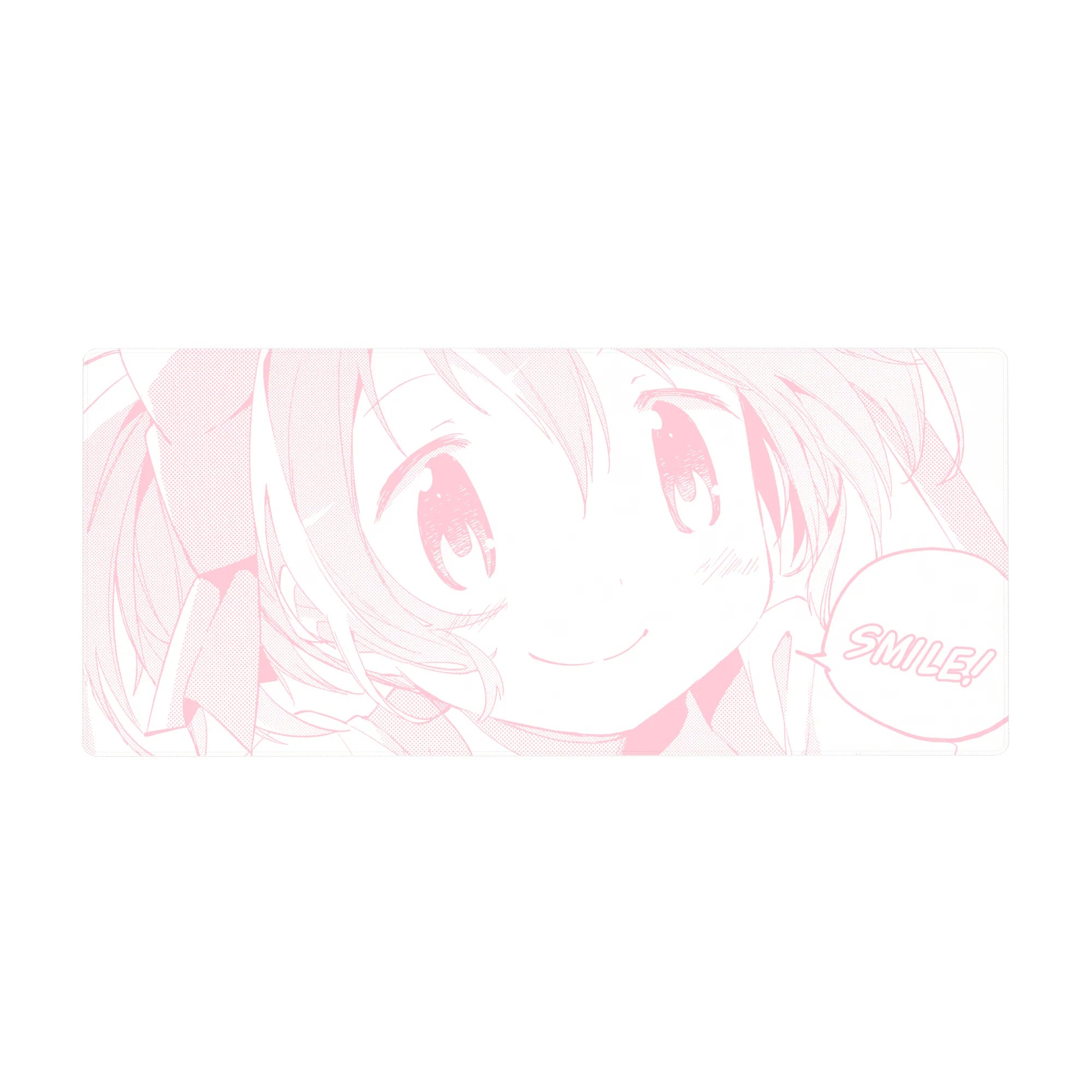 Kawaii anime girl line-art desk pad mouse pad, big sparkling eyes and SMILE! bubble, 36x16 inches.