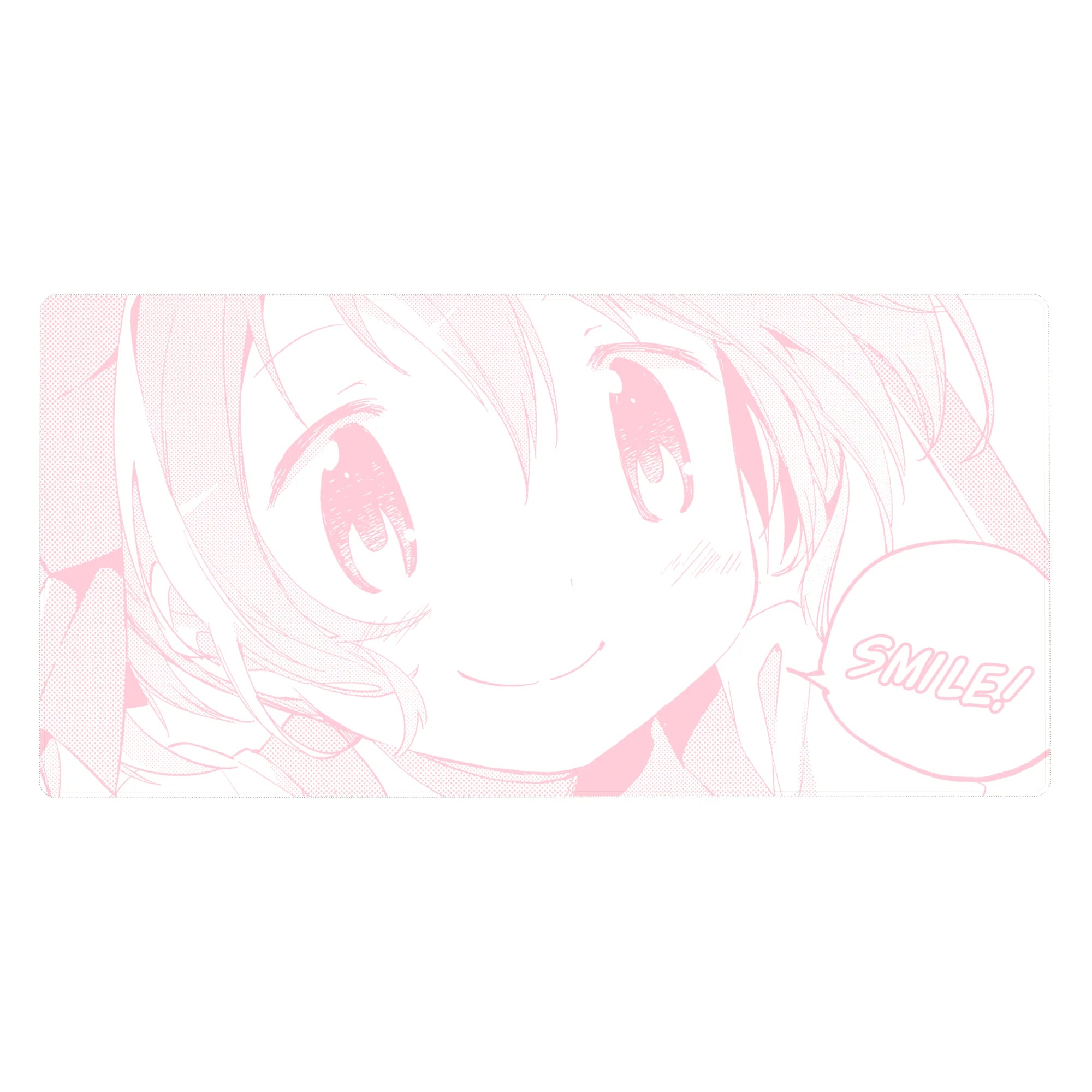 40x20 inches anime girl desk pad with pink line-art kawaii face, big sparkly eyes, SMILE speech bubble.