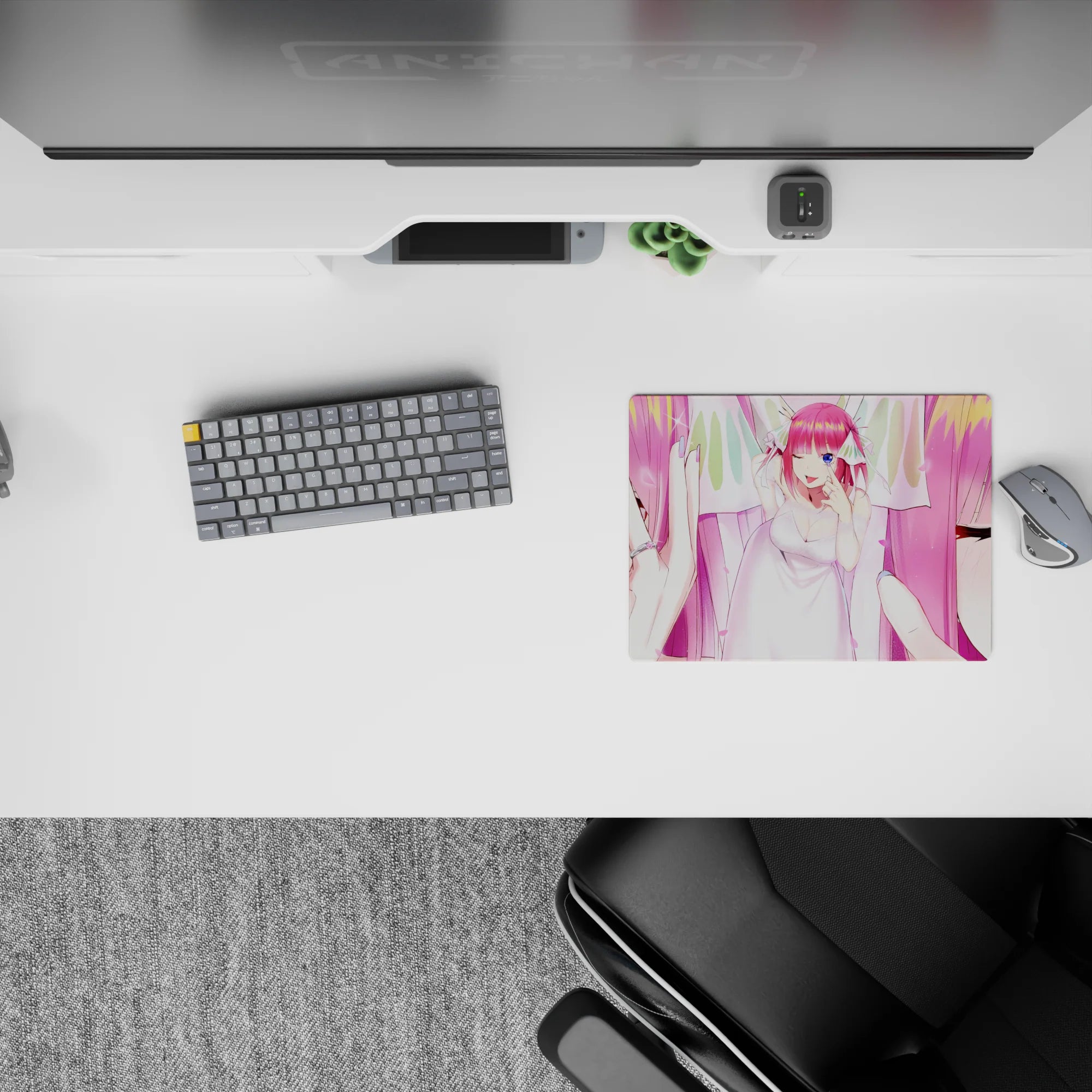 Pastel pink and soft white anime girl mouse pad 14x10 inches, romantic cheeky vibe with glitter highlights.