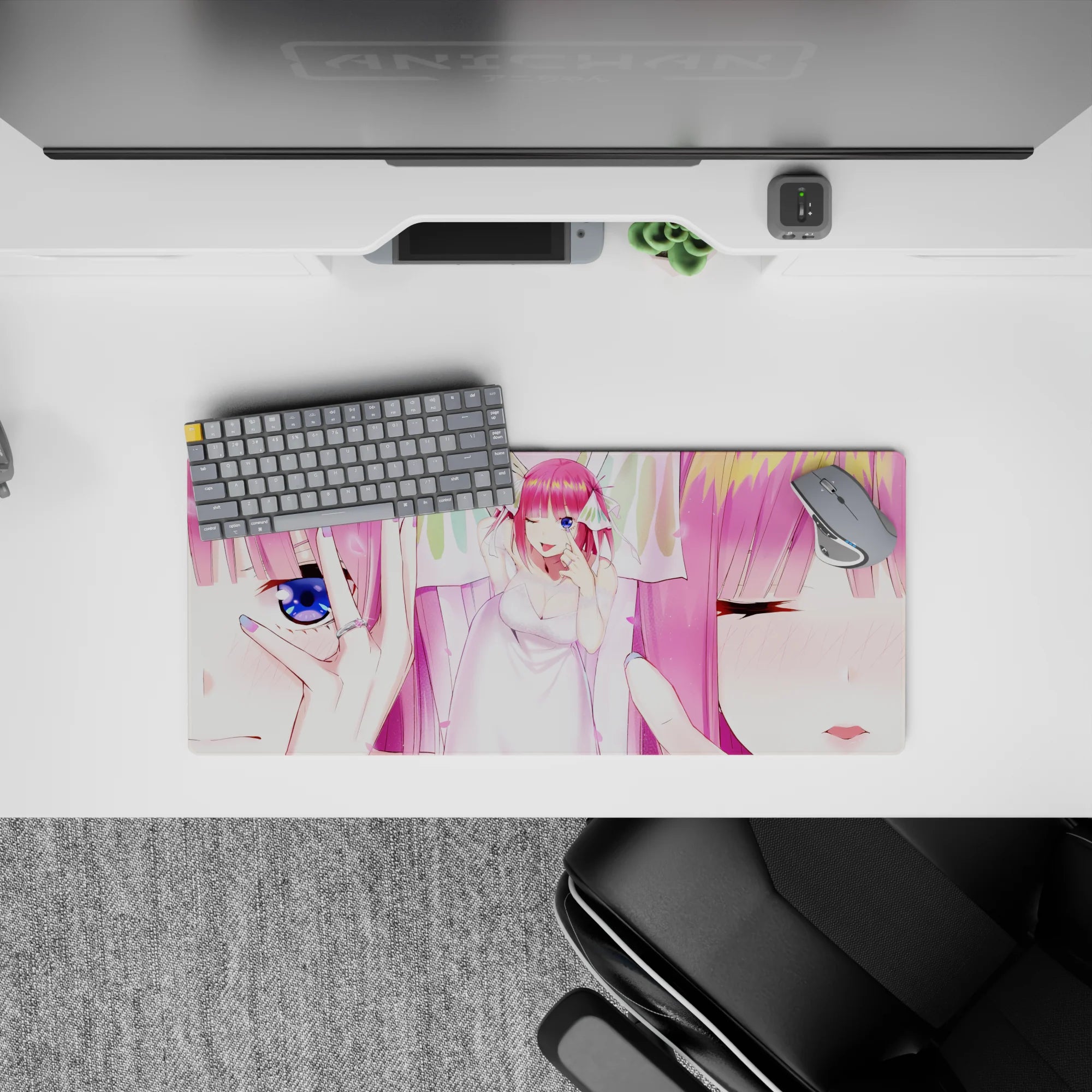 28x12 inches kawaii desk mat in cotton-candy pink and soft white, dreamy romantic glow with glitter.