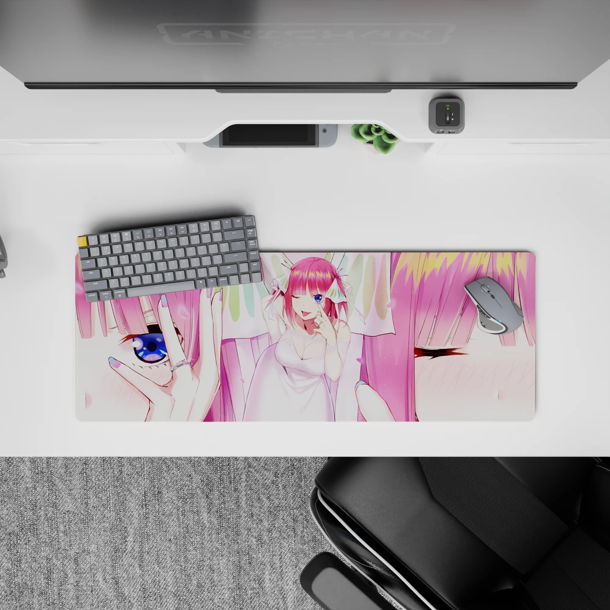 32x12 inches pastel pink and soft white anime mouse pad, cotton-candy tones with dreamy romantic energy.