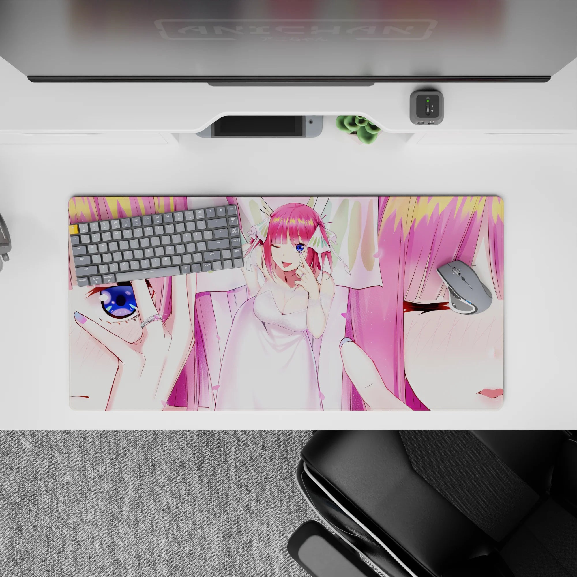 Pastel pink and soft white kawaii anime girl mouse pad with sparkly highlights, 32x16 inches.