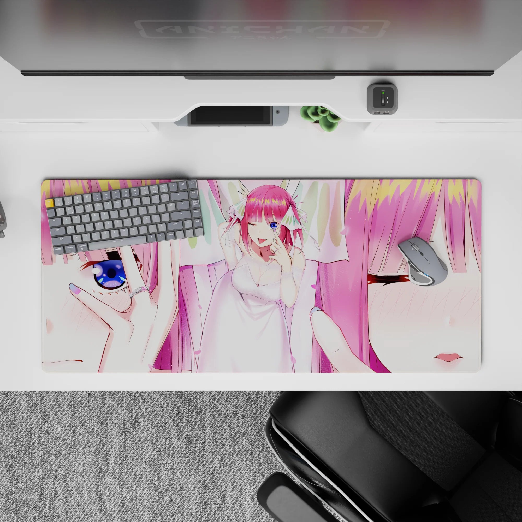 36x16 inches desk pad in soft white and cotton-candy pink, sweet romantic anime aesthetic.