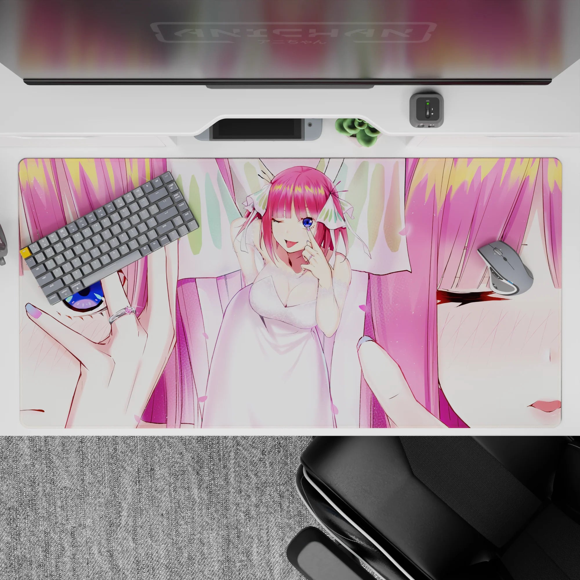 Cotton-candy pink and soft white anime desk pad 40x20 inches, dreamy romantic mood with glitter highlights.