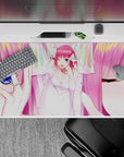 Cotton-candy pink and soft white anime desk pad 40x20 inches, dreamy romantic mood with glitter highlights.