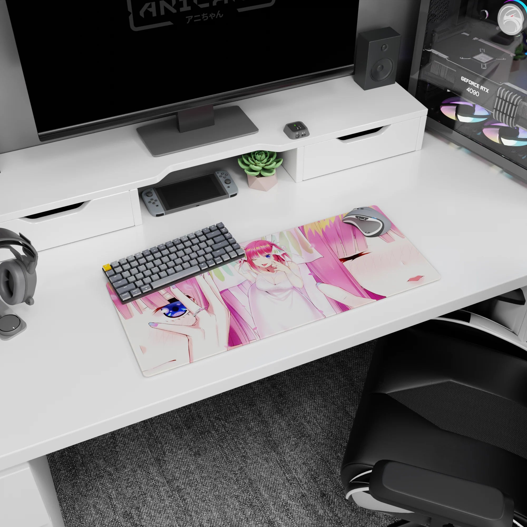 28x12 inches Nino Nakano anime mouse pad, pink-haired girl winking with intimate eye detail.