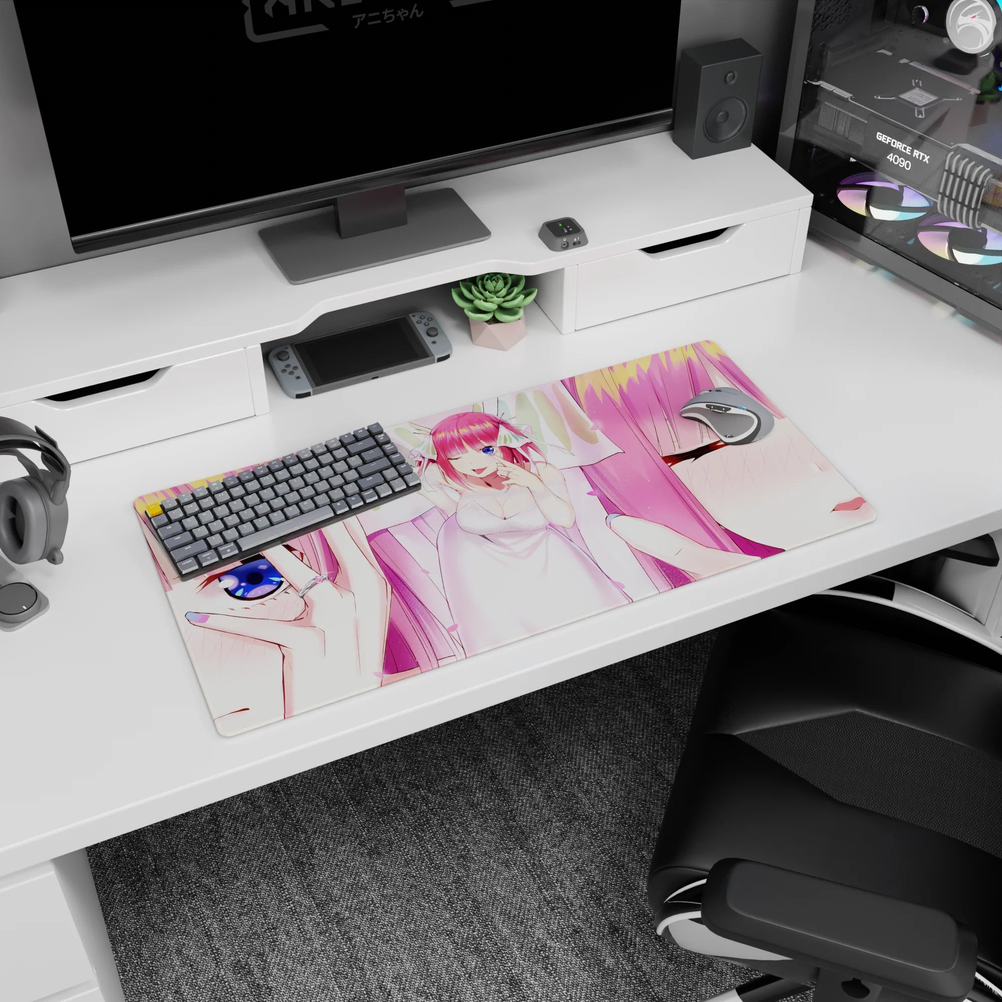 Pink-haired anime bride winking close-up, dreamy romance desk mat mouse pad, 32x16 inches.