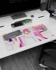 Pink-haired anime bride winking close-up, dreamy romance desk mat mouse pad, 32x16 inches.