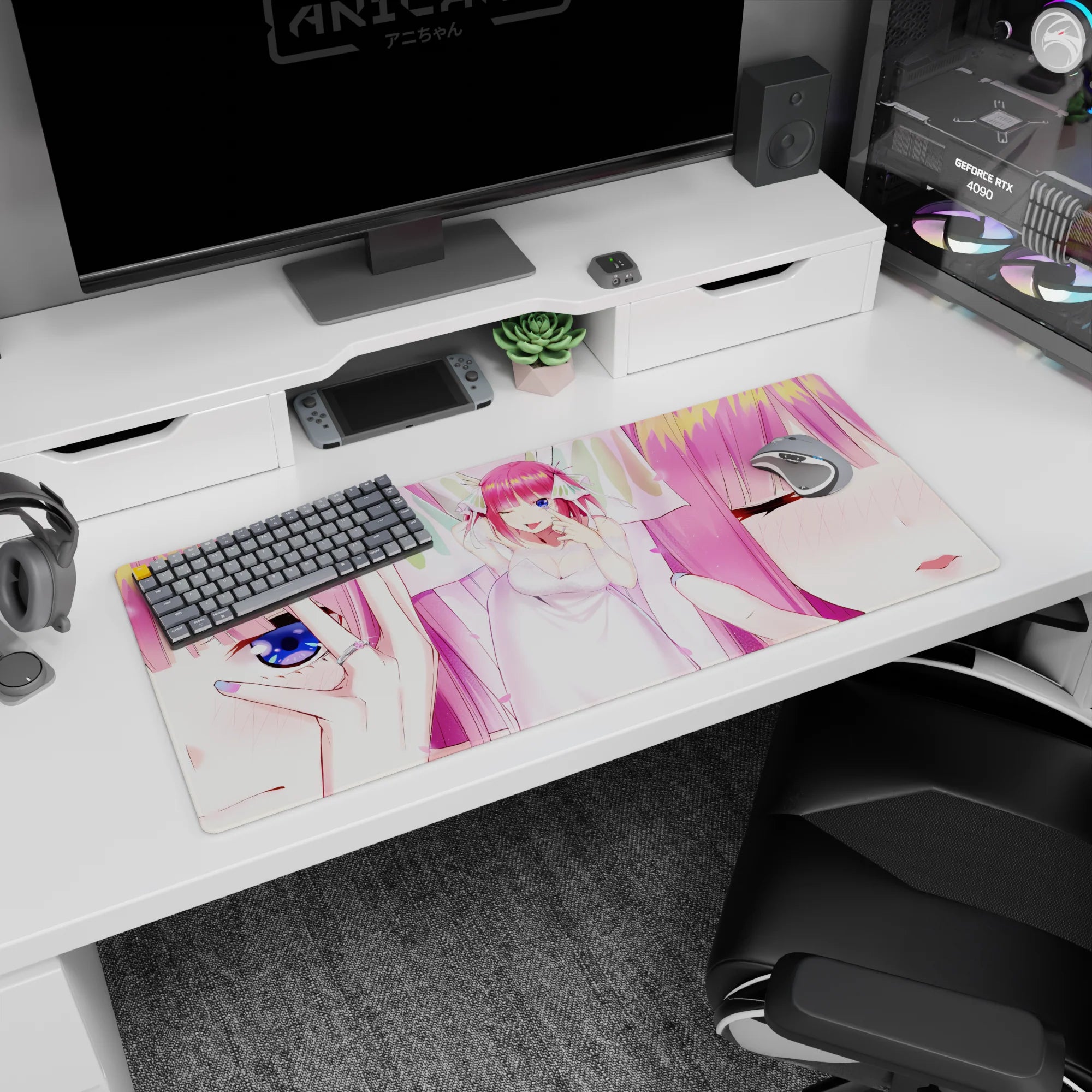 36x16 inches Nino Nakano desk pad from The Quintessential Quintuplets, pink hair wink close-up.