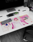 36x16 inches Nino Nakano desk pad from The Quintessential Quintuplets, pink hair wink close-up.