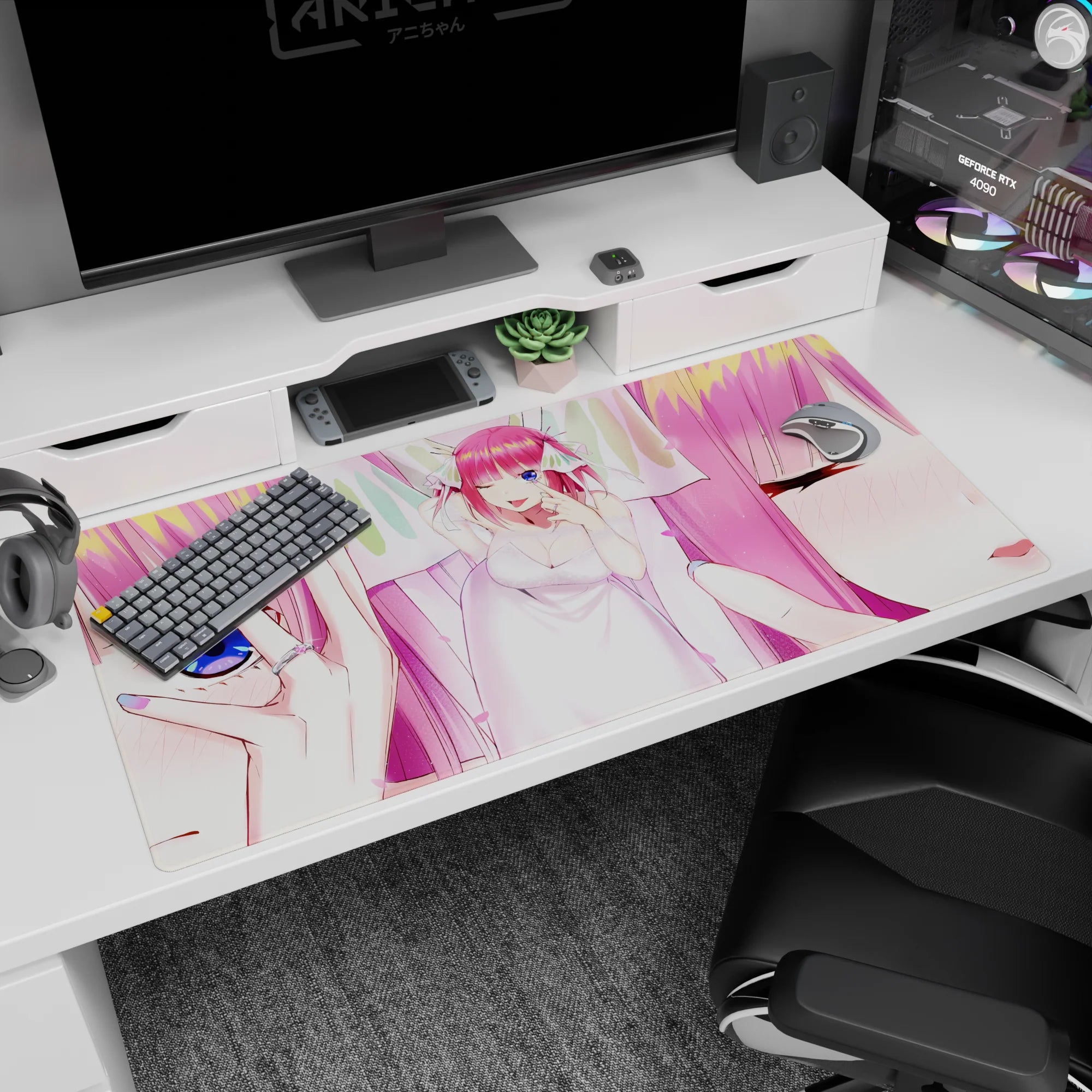 Nino Nakano inspired anime girl desk pad 40x20 inches, playful wink portrait with intimate eye details.