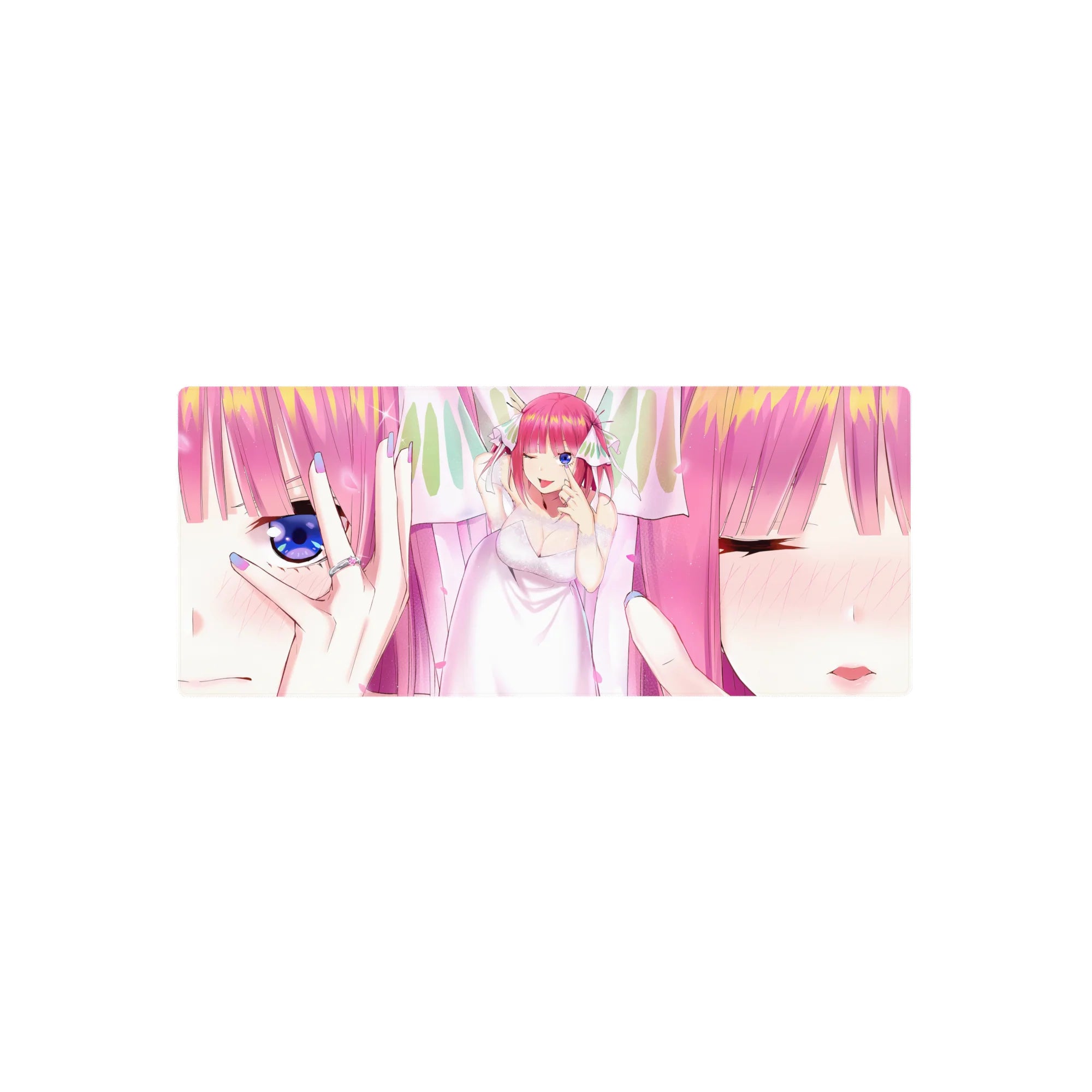 28x12 inches anime girl mouse pad with pastel bridal vibe, pink hair wink, sparkly close-up eye art.