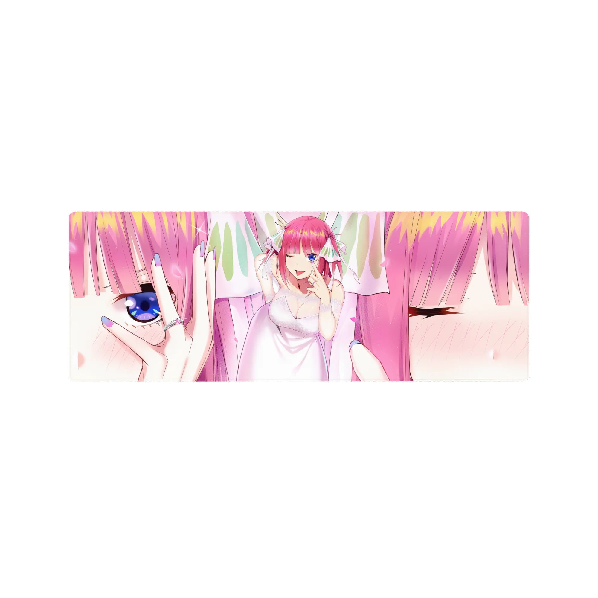 32x12 inches anime girl mouse pad with pink-haired bridal vibe, sparkly highlights, and close-up eye art.