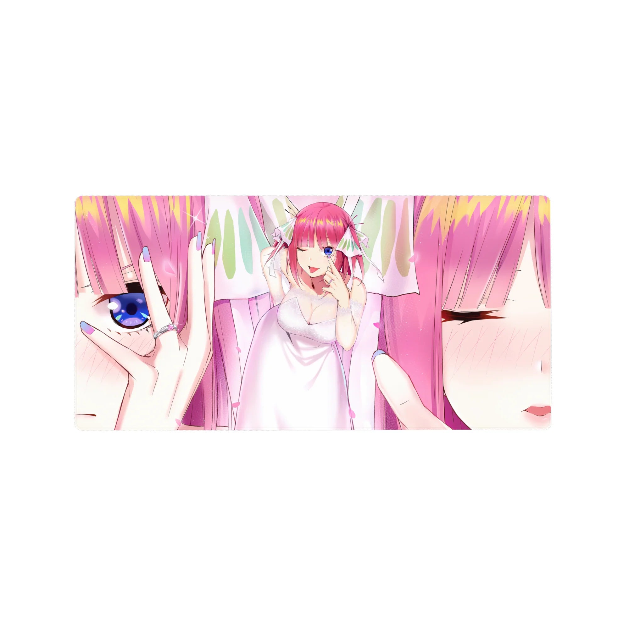 Nino Nakano bridal anime girl desk mouse pad, close-up eye art, 32x16 inches.