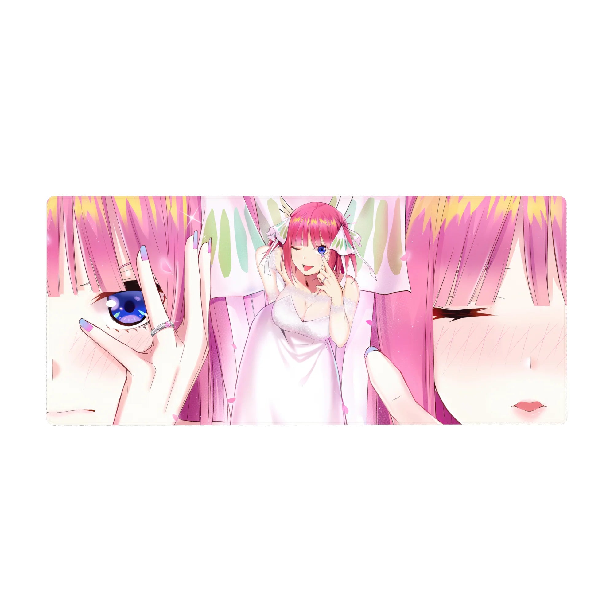 36x16 inches anime girl desk pad with pastel bridal vibe, sparkly highlights, and close-up eye art.