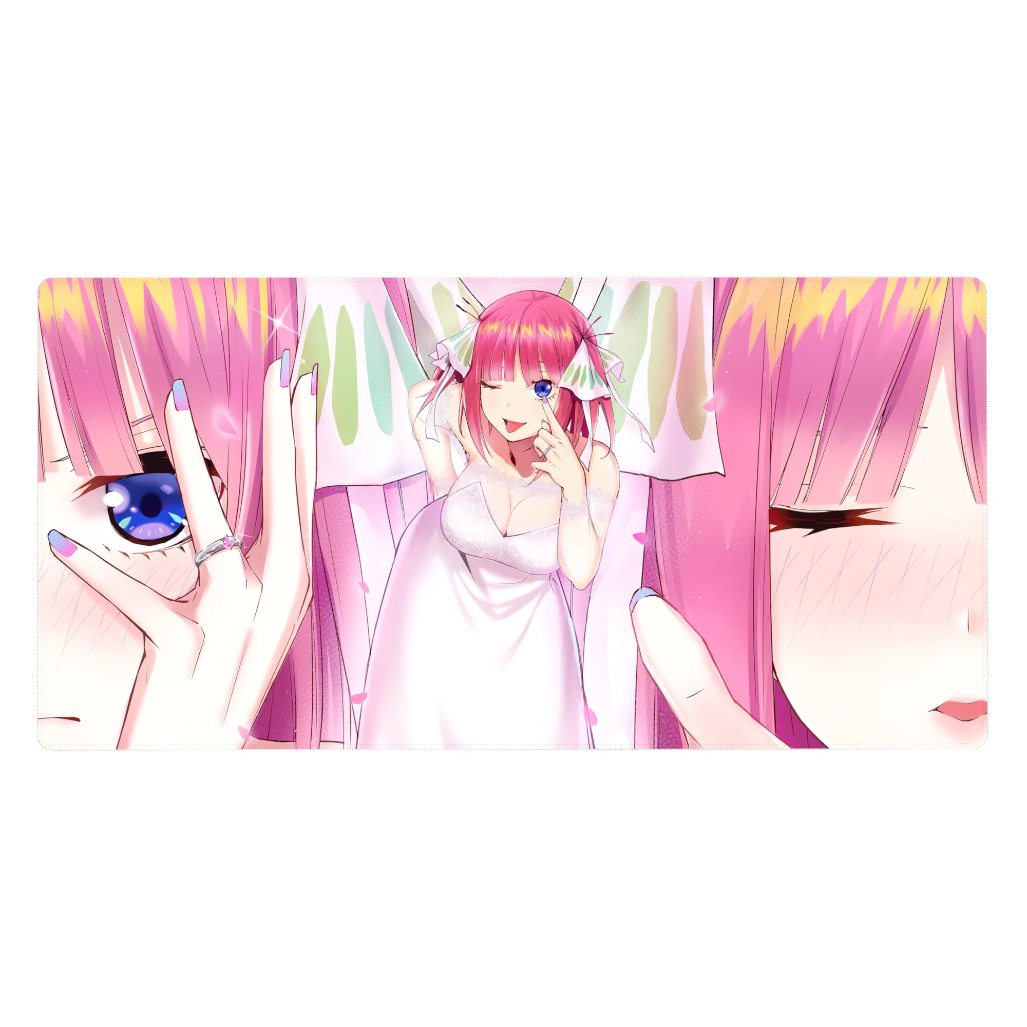 Anime girl desk pad 40x20 inches with pastel bridal vibe, pink hair wink, and sparkly eye close-up art.