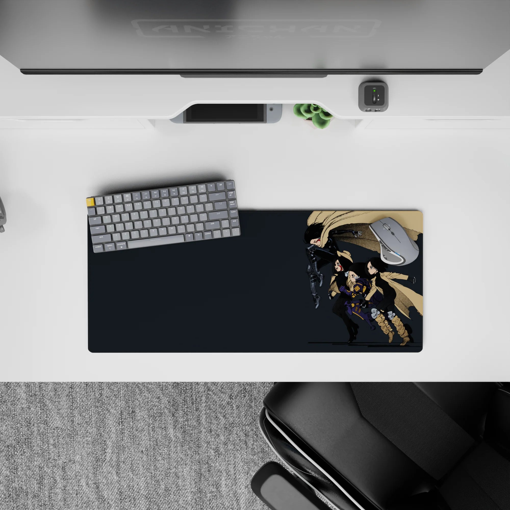 Moody charcoal and sandy tan anime girl mouse pad 28x12 inches with black armor and purple accents.
