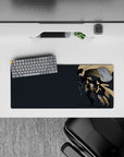 Moody charcoal and sandy tan anime girl mouse pad 28x12 inches with black armor and purple accents.
