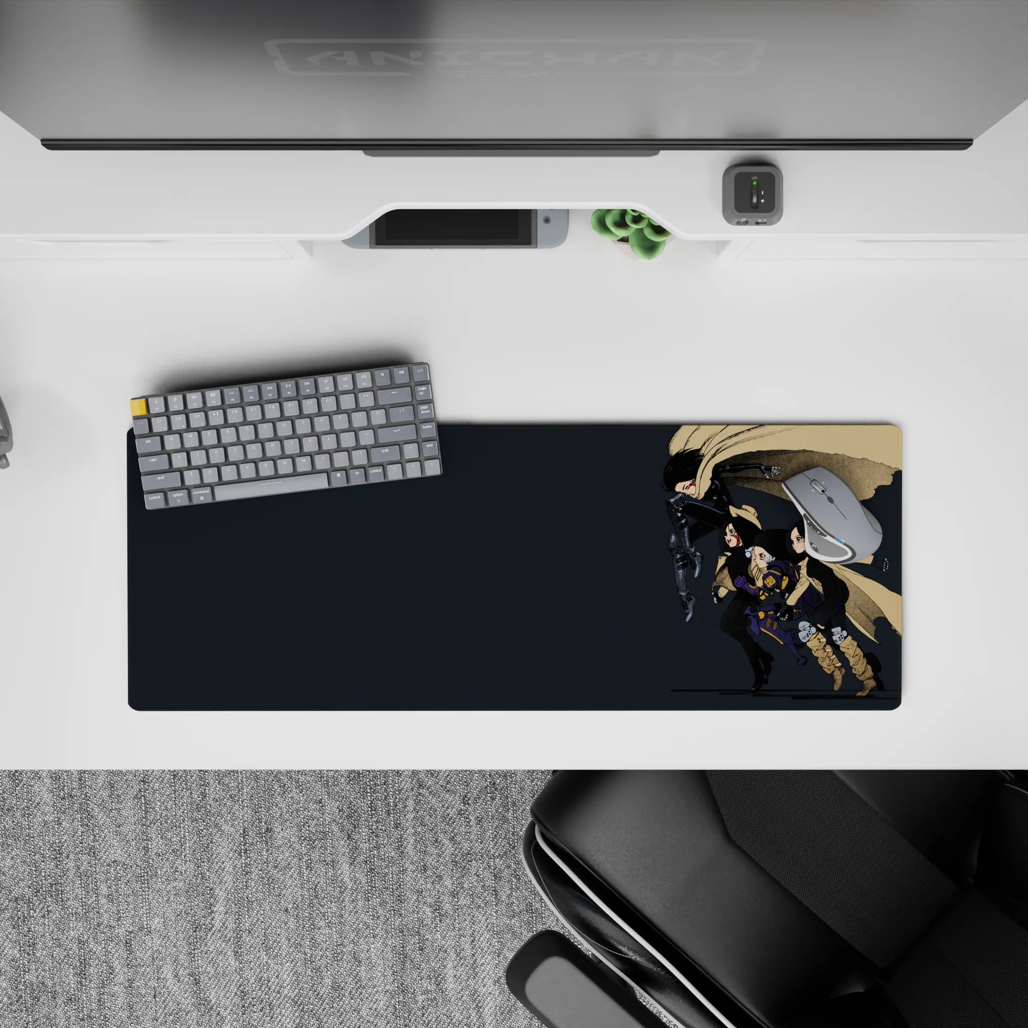 Moody charcoal and sandy tan anime girl mouse pad 32x12 inches with black armor and purple accents.