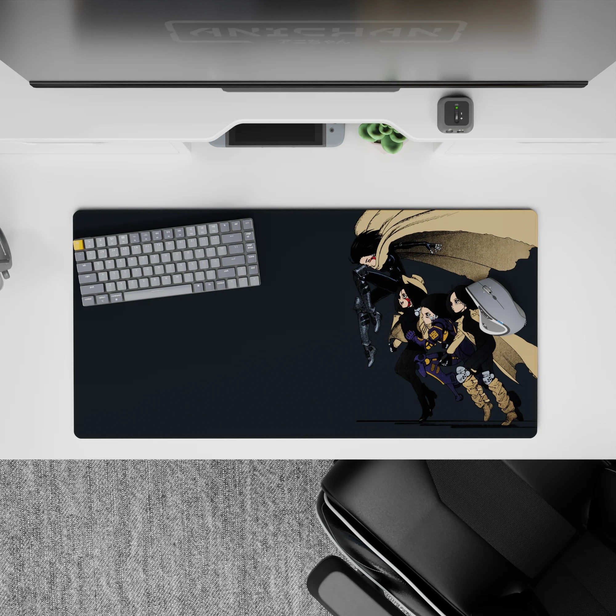 Moody charcoal and sandy tan anime girl mouse pad 32x16 inches with black armor and purple accents.