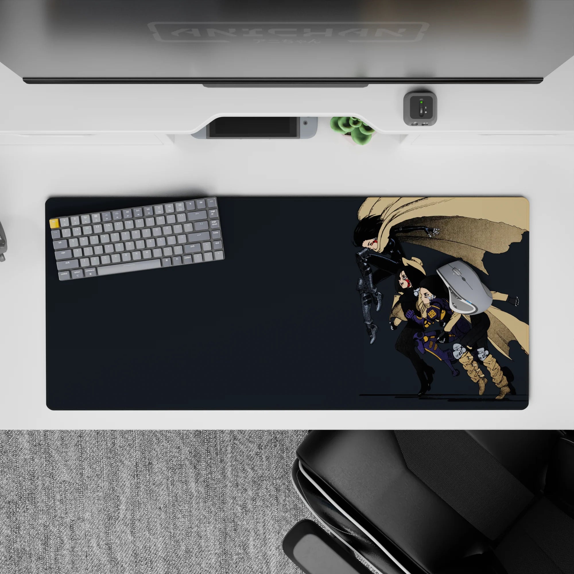 Moody anime girl desk pad 36x16 inches in charcoal and sandy tan with black armor and purple highlights.