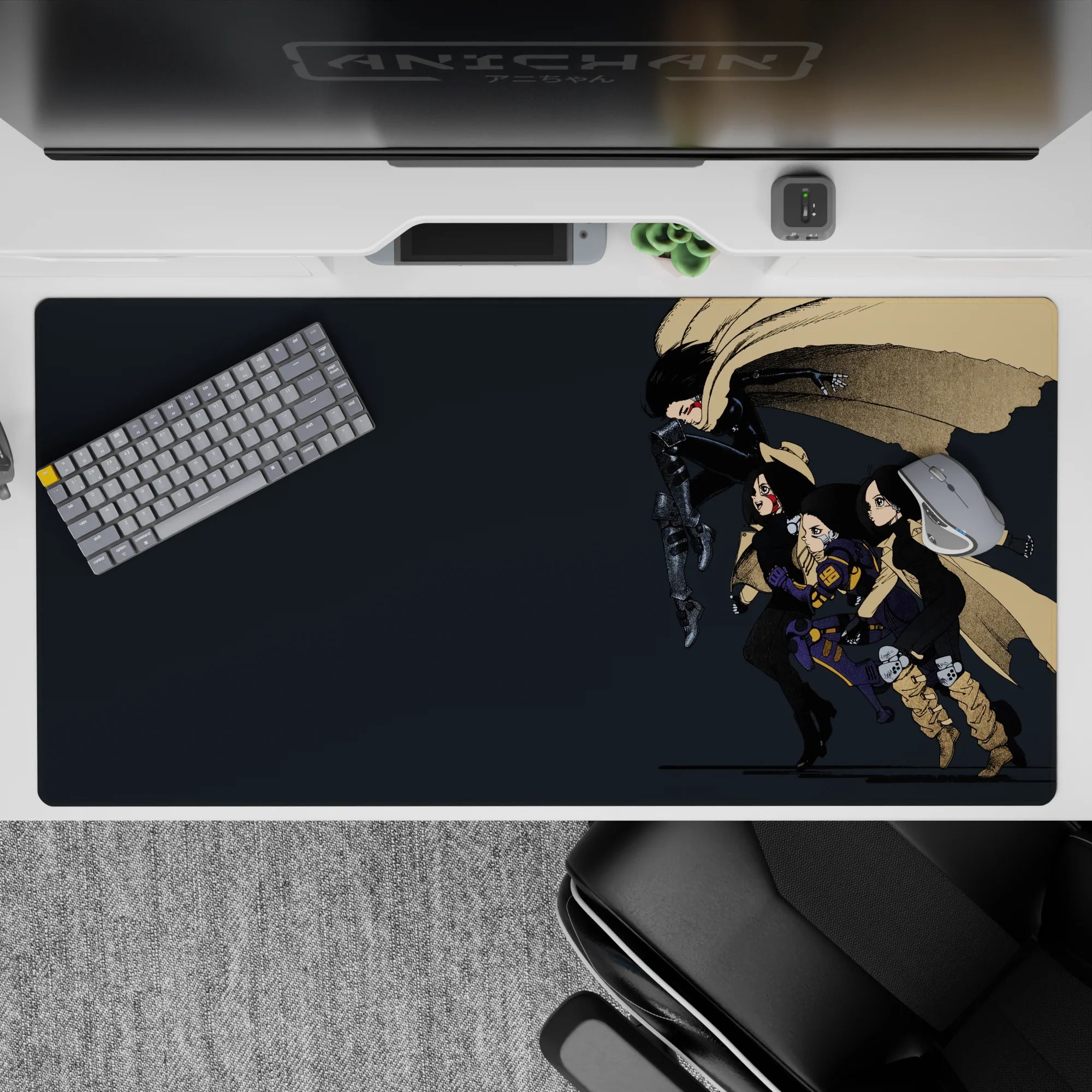 Moody anime girl desk pad 40x20 inches in charcoal and sandy tan with black armor and purple accents.