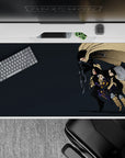 Moody anime girl desk pad 40x20 inches in charcoal and sandy tan with black armor and purple accents.