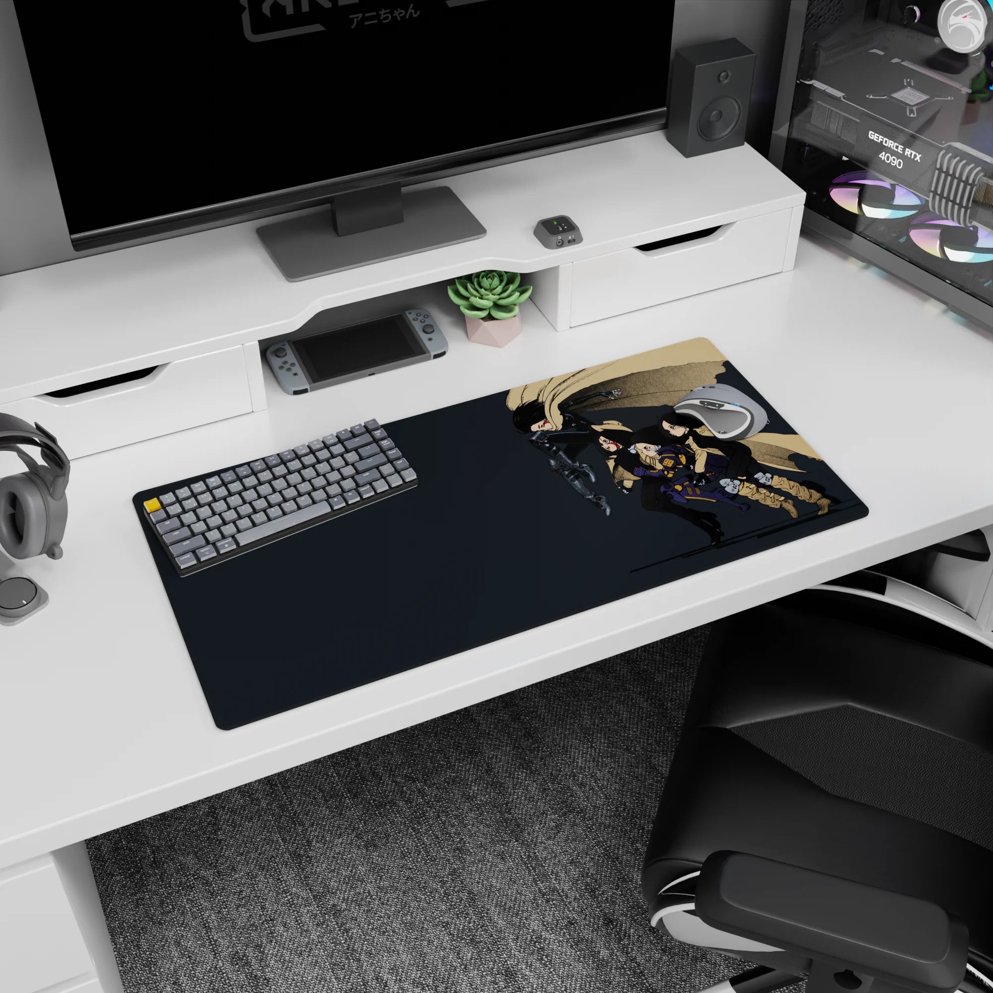 Lead rider lunging forward as the team dashes into trouble on an anime girl mouse pad 32x16 inches.