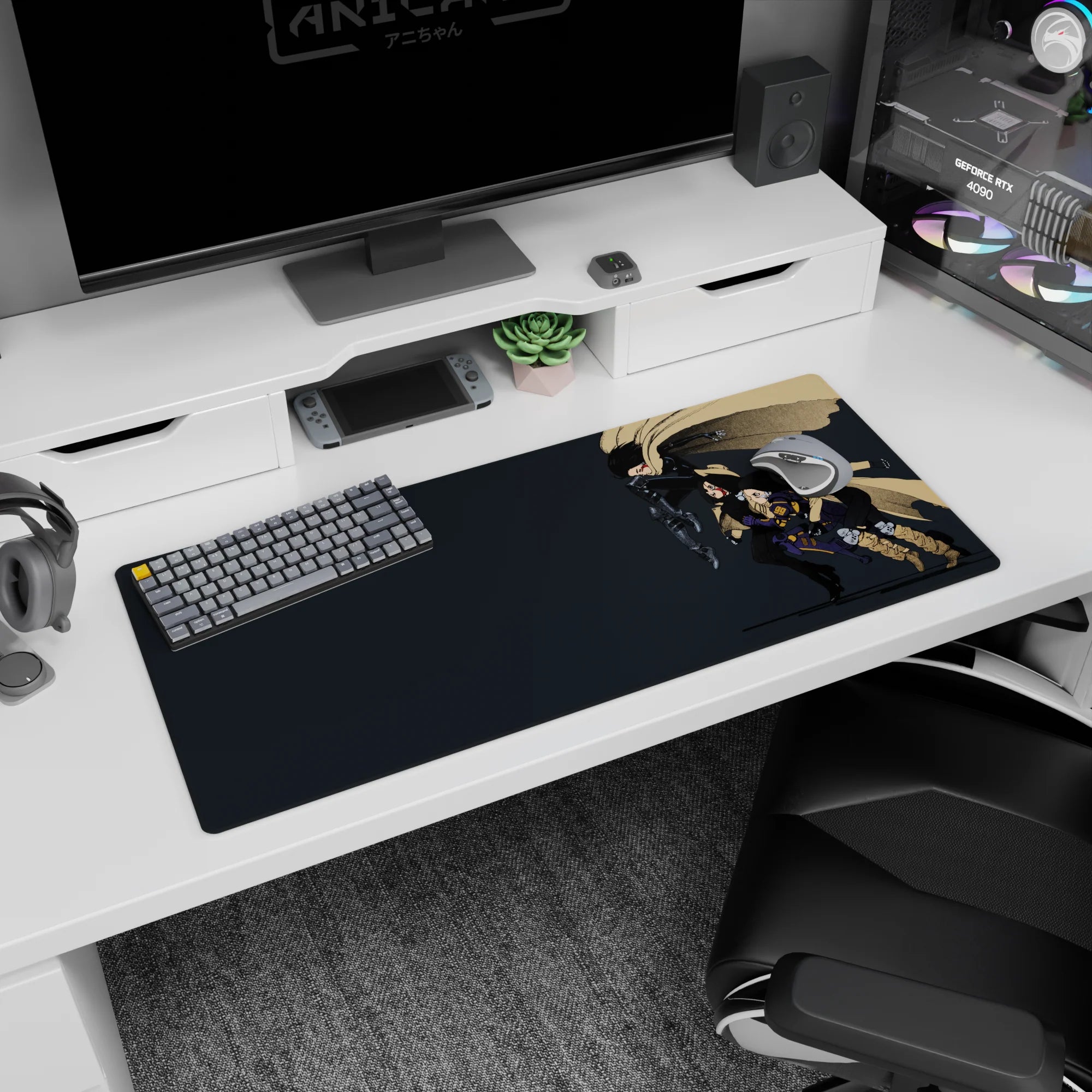 Heroic lead rider charging forward on an anime girl desk pad 36x16 inches, fast action with clean space.