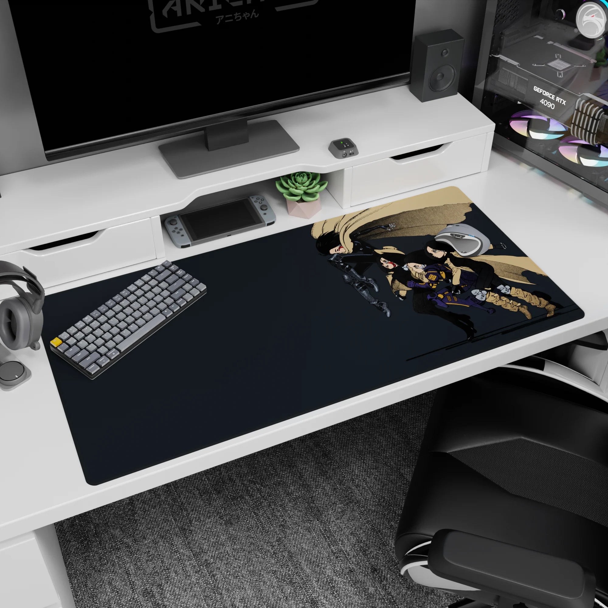Anime girl desk pad 40x20 inches featuring the lead rider leaning forward as the team rushes into trouble.