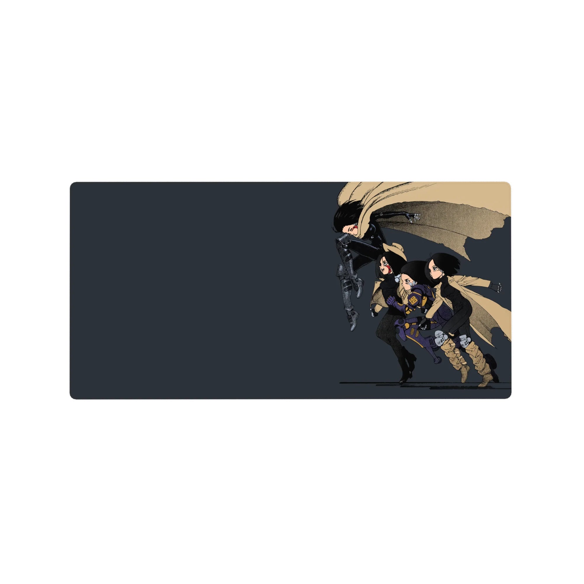Anime girl mouse pad 32x16 inches with a sprinting squad in flaring coats, hats, scarves, and boots.