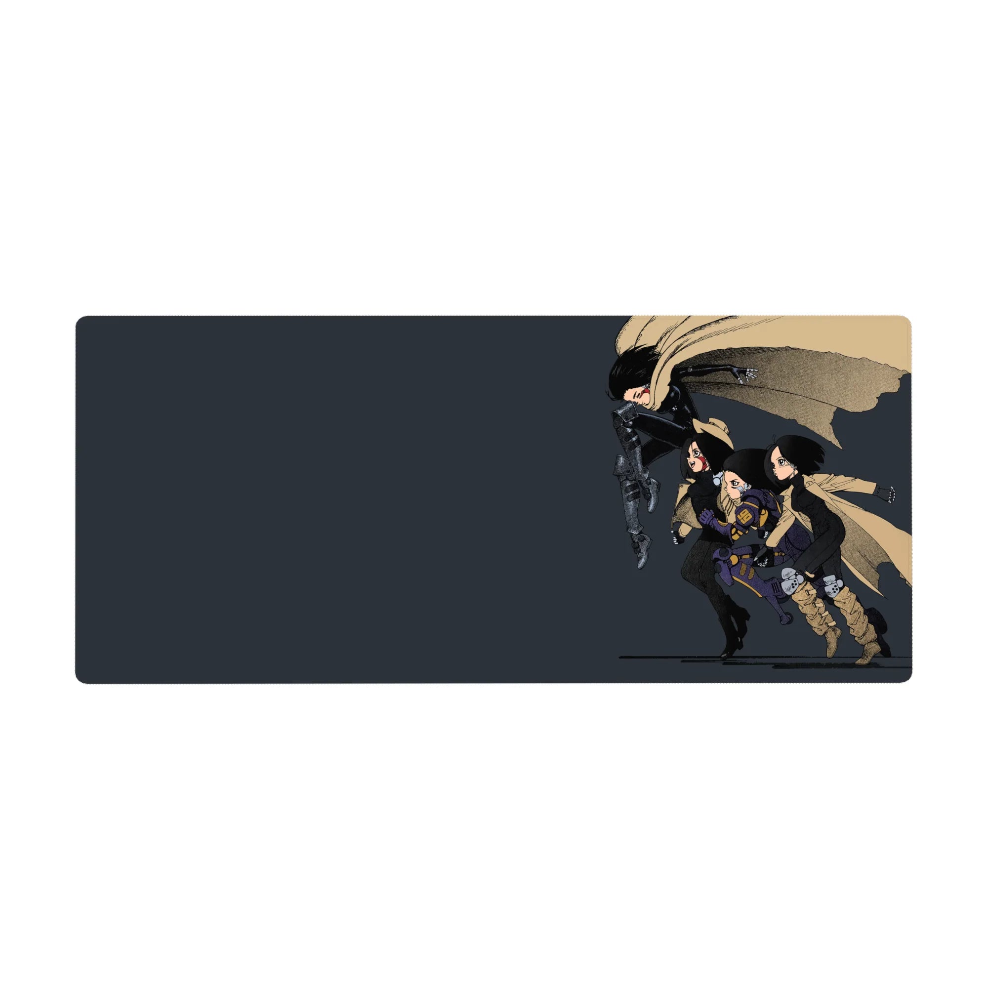 Anime girl desk pad 36x16 inches with sprinting squad, flaring coats, hats, scarves, and armor accents.