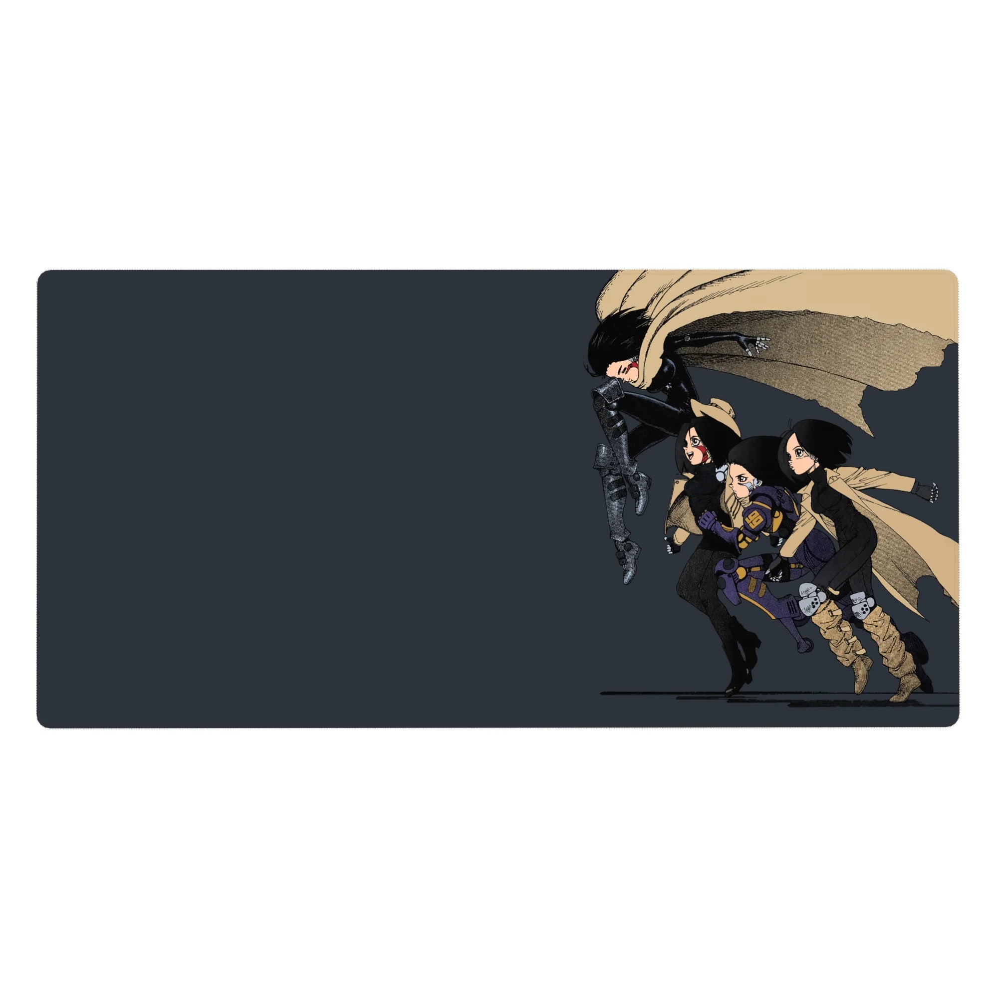 Anime girl desk pad 40x20 inches with sprinting squad, flaring coats, hats, scarves, and layered boots.