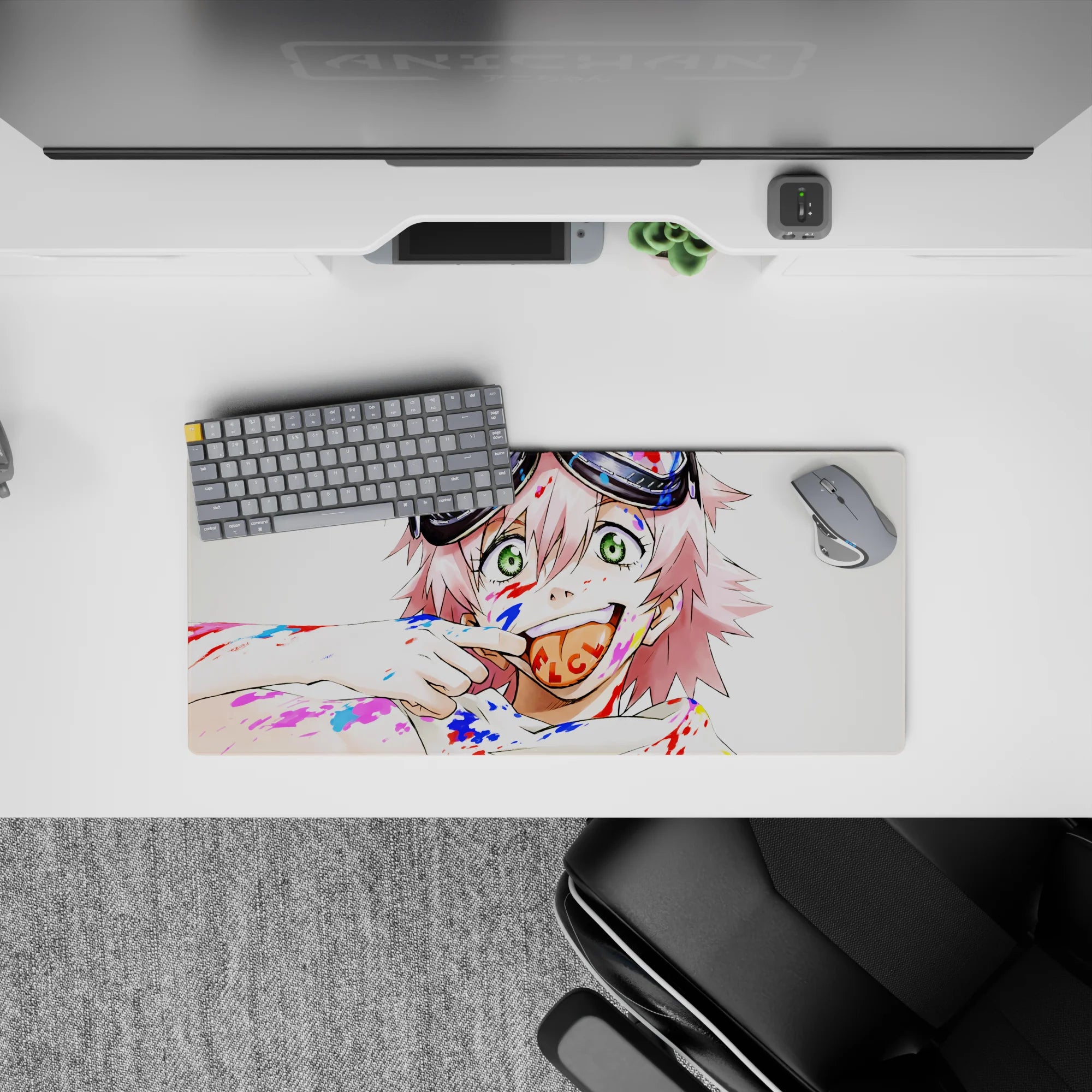 28x12 inches anime mouse pad in candy reds and electric blues, chaotic cute vibe with bold brush strokes.