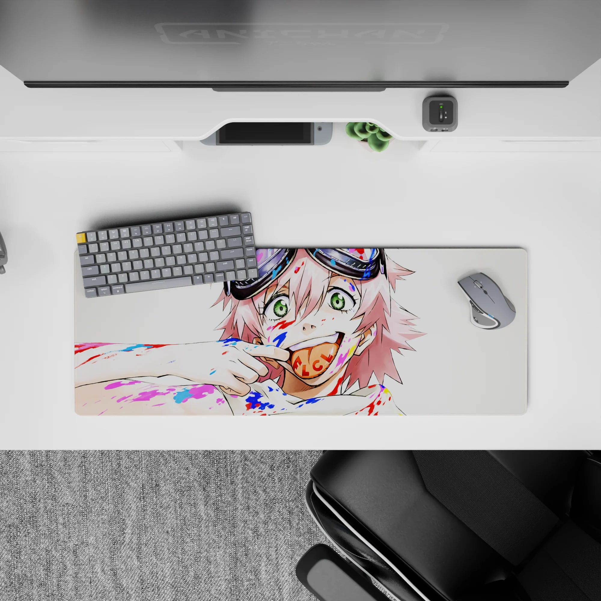 32x12 inches colorful chaos-cute mouse pad in candy reds and electric blues with messy brush strokes.