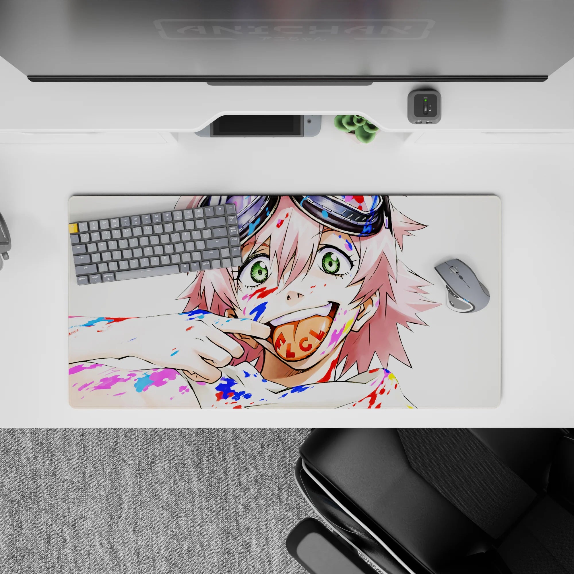 32x16 inches desk mouse pad in candy reds and electric blues, chaotic-cute vibe with bold brush strokes.