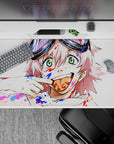 Colorful 40x20 inches anime desk pad in candy reds and electric blues, chaotic cute vibe with bold brushstrokes.