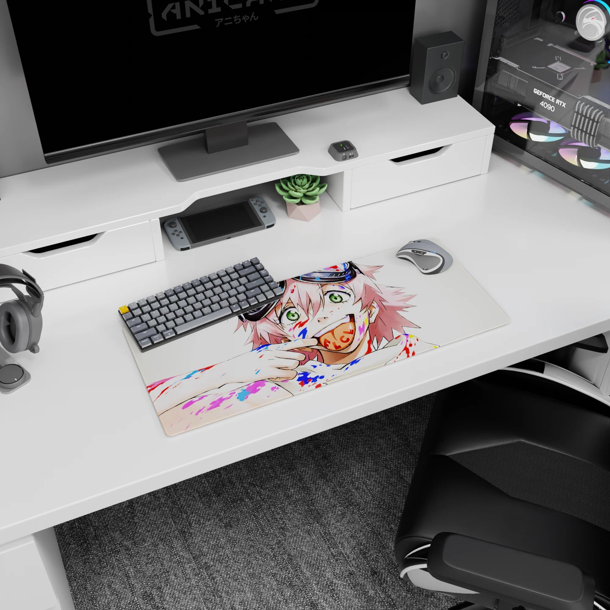 28x12 inches mouse pad showing a grinning pink-haired anime girl with chunky goggles and a lollipop.