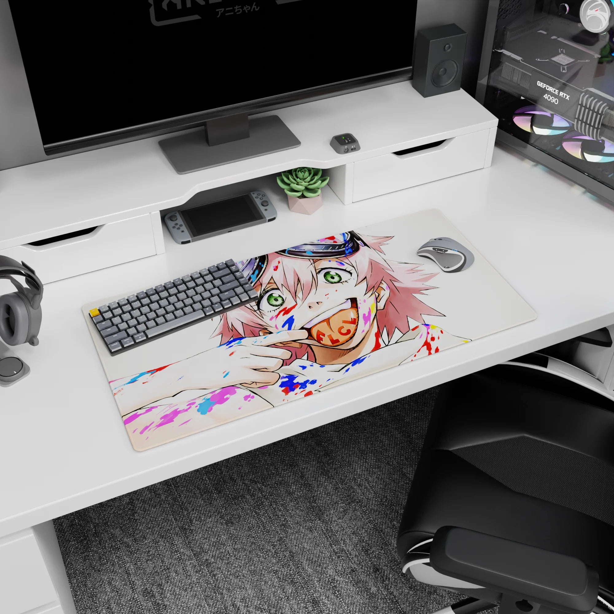 32x16 inches mouse pad featuring a grinning pink-haired anime girl with goggles, lollipop, and paint splashes.