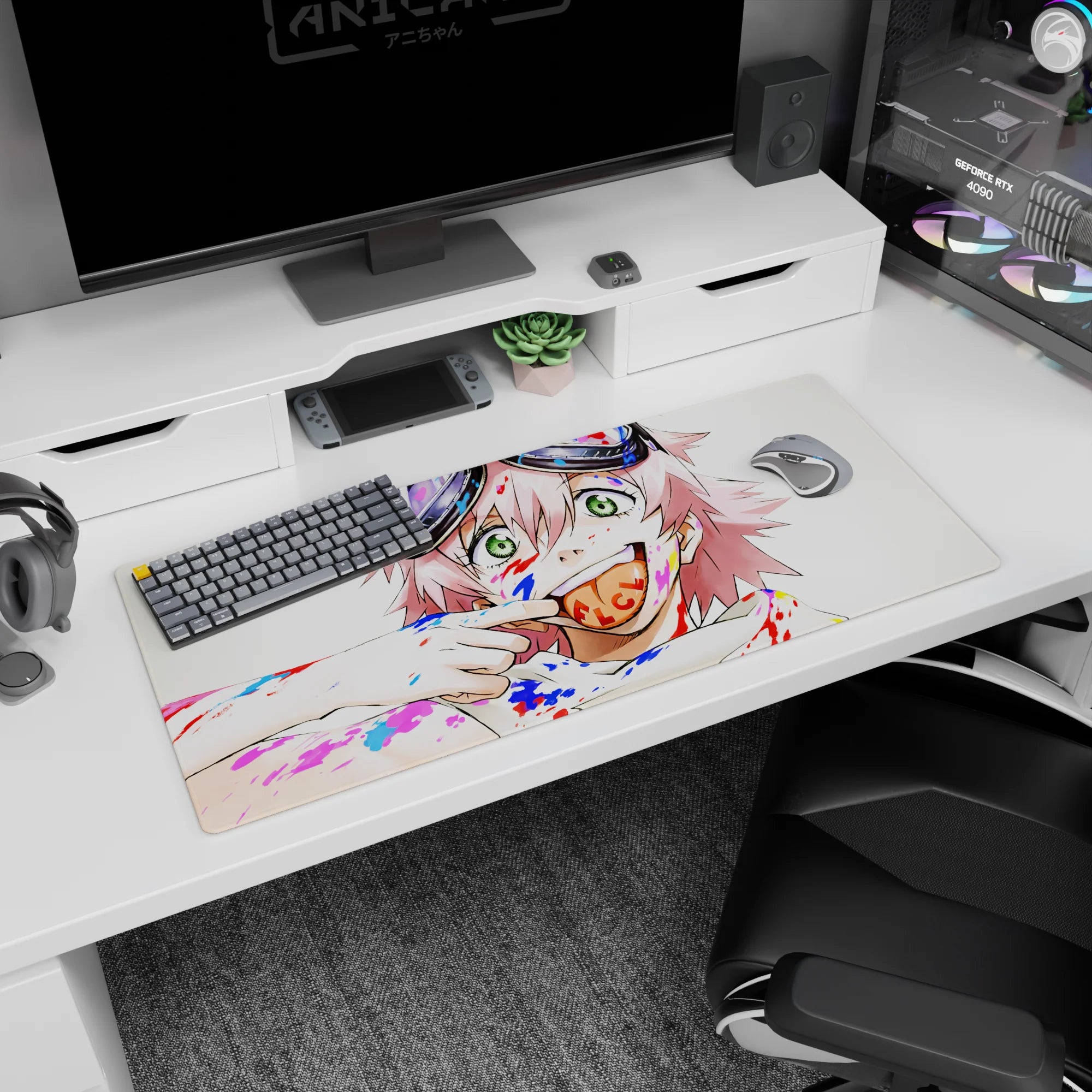 Pink-haired goggle-wearing anime girl with cheeky grin and lollipop on 36x16 inches extended mouse pad.