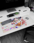 Pink-haired goggle-wearing anime girl with cheeky grin and lollipop on 36x16 inches extended mouse pad.