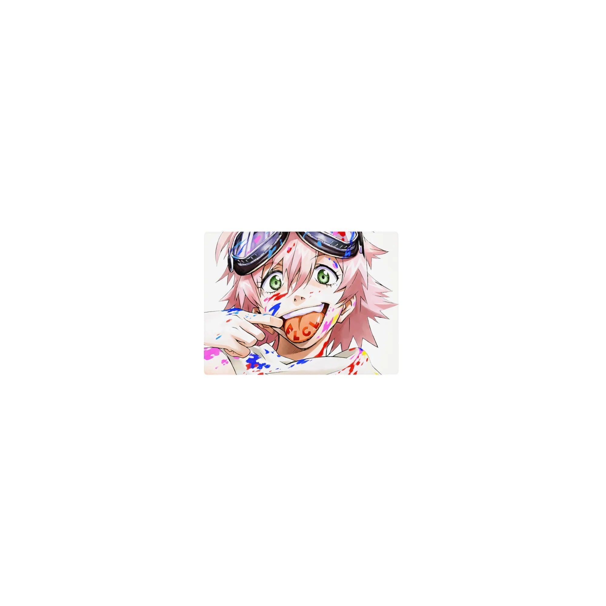 Classic anime girl mouse pad 14x10 inches with pink hair, green eyes, goggles, and paint splatter art.