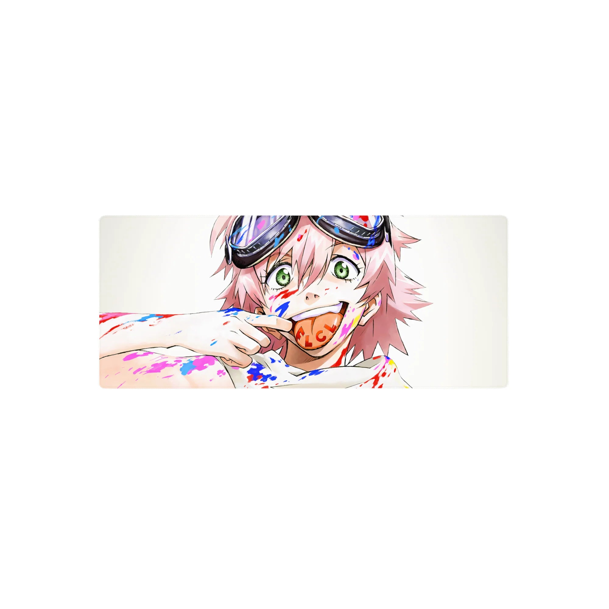 28x12 inches anime girl mouse pad with pink hair, green eyes, goggles, and paint splatter art.
