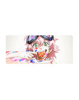 28x12 inches anime girl mouse pad with pink hair, green eyes, goggles, and paint splatter art.