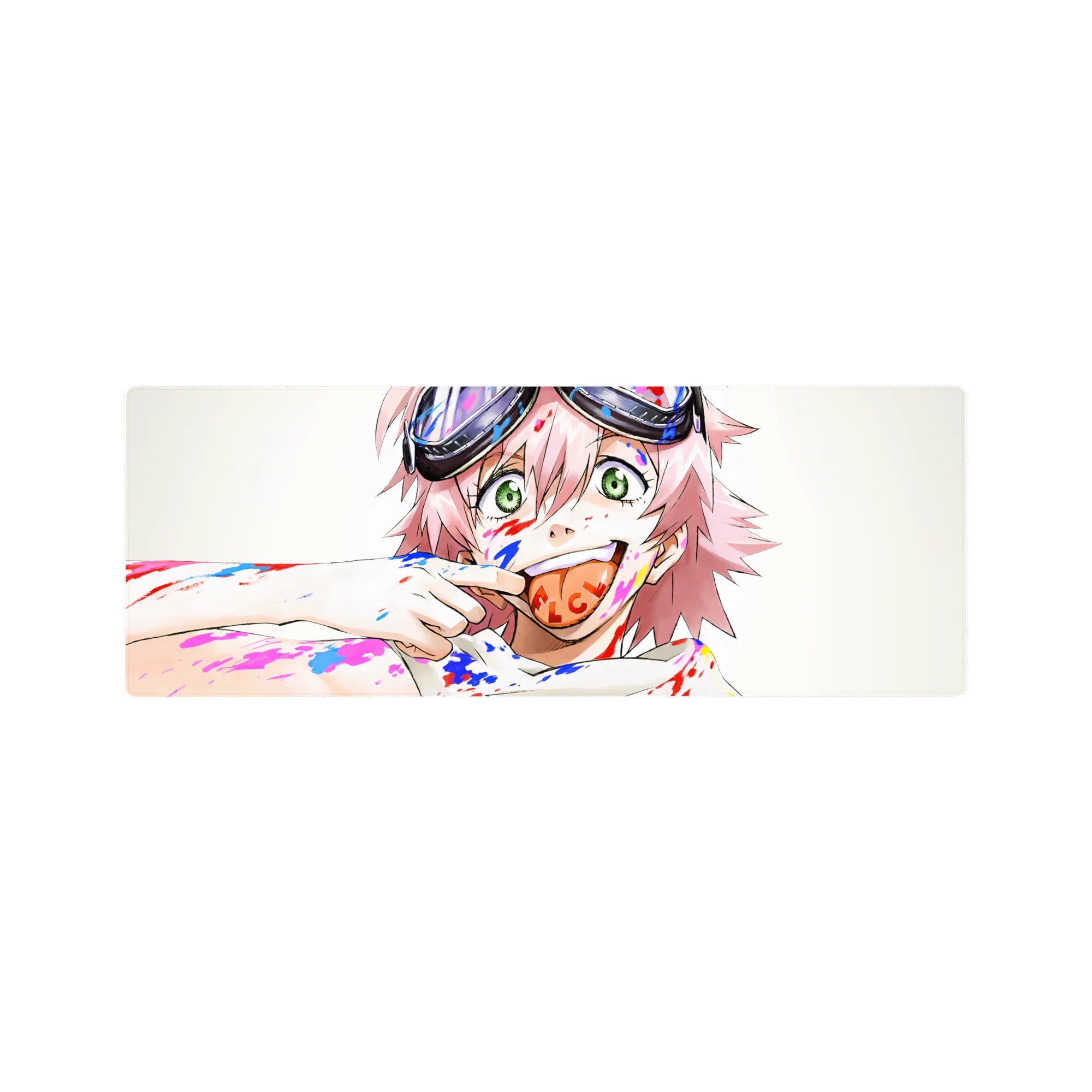 32x12 inches anime girl mouse pad with pink hair, green eyes, goggles, paint splatter art design.